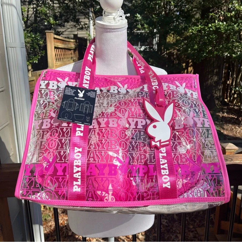 Playboy Travel Tote PINK Signature Logo Clear Thick PVC Vinyl 4 Piece Set NWT - Picture 1 of 14